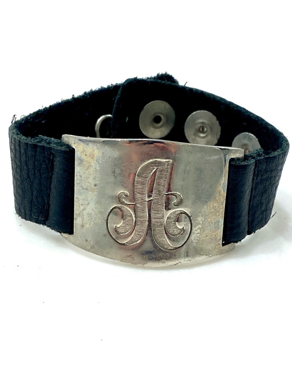 Vintage Monogram 'A' Black Leather Bracelet with Silver-Tone Plate